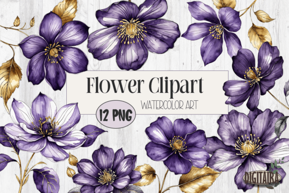 Purple &amp; Gold Watercolor Flower Bundle - Download Now