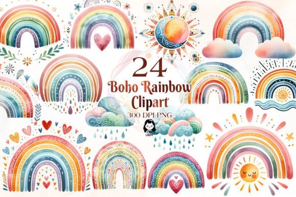 Watercolor Boho Rainbow Clipart Bundle - Download Now