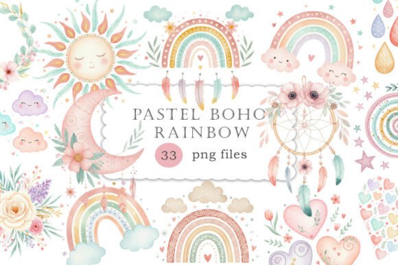 Pastel Boho Rainbow Clipart Set PNG - Download Now