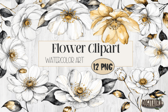 White &amp; Gold Watercolor Flower Bundle - Download Now