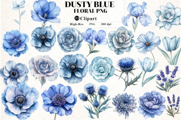 Dusty Blue Watercolor Floral Clipart - Download Now